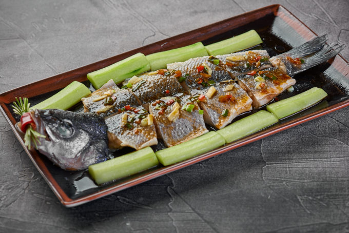 Steamed sea bass with fresh cucumbers and soy sauce 1600₽